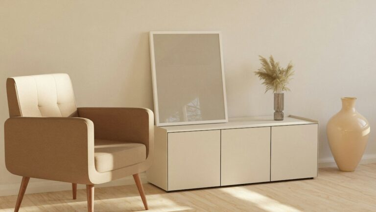 Wood furniture and upholstered chairs covered with breathable fabric on raised platforms in a clean storage space.
